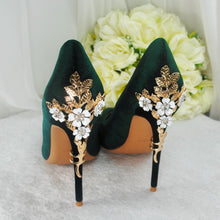 Load image into Gallery viewer, Dark Emerald Green Luxury Velvet High Heels with Gold Floral Heel UK6/US8.5
