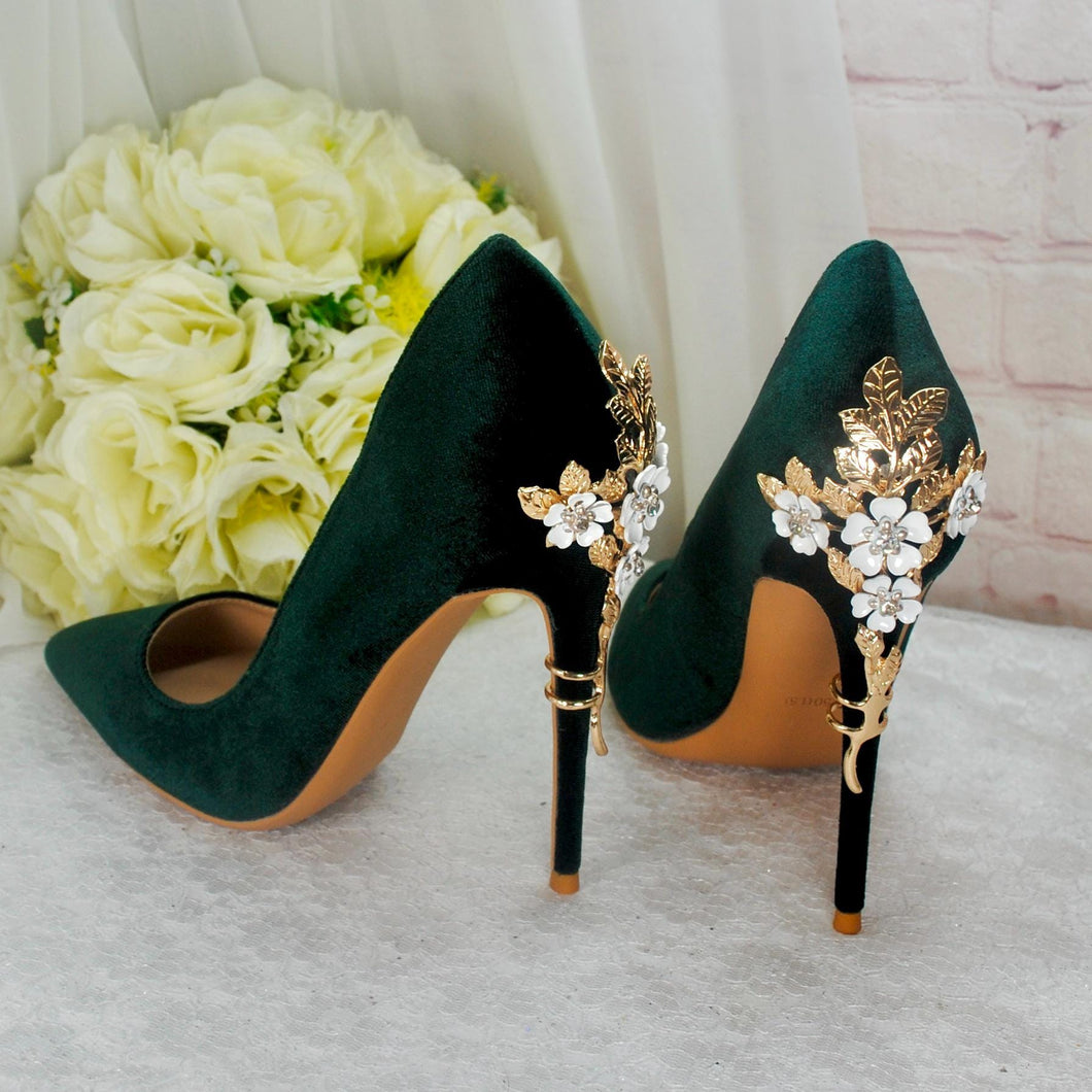 Dark Emerald Green Luxury Velvet High Heels with Gold Floral Heel UK6/US8.5