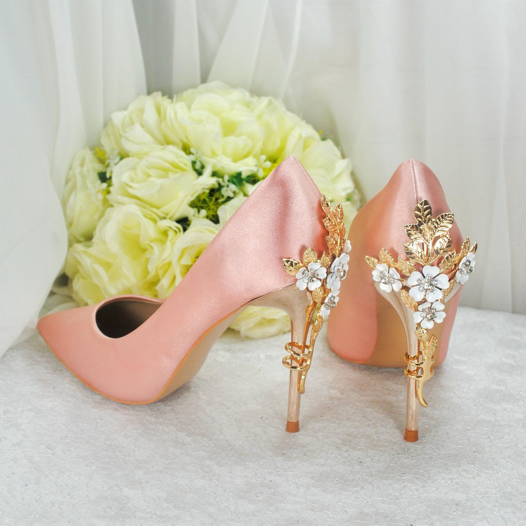 Blush Pink Bridal Shoes with Gold Flower Heel UK4/US6.5