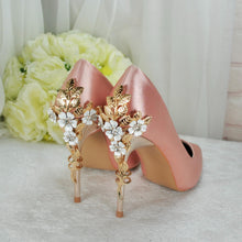 Load image into Gallery viewer, Blush Pink Bridal Shoes with Gold Flower Heel UK4/US6.5
