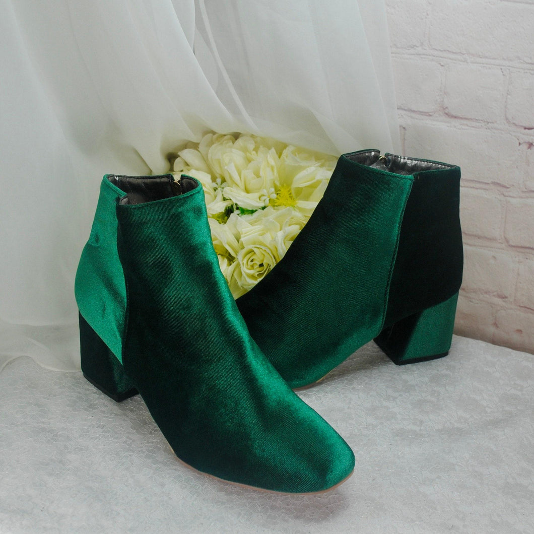 Green Luxurious Velvet Wedding Boots, Block Heel Bridal Shoes, Winter Boots - Size UK6/US8.5