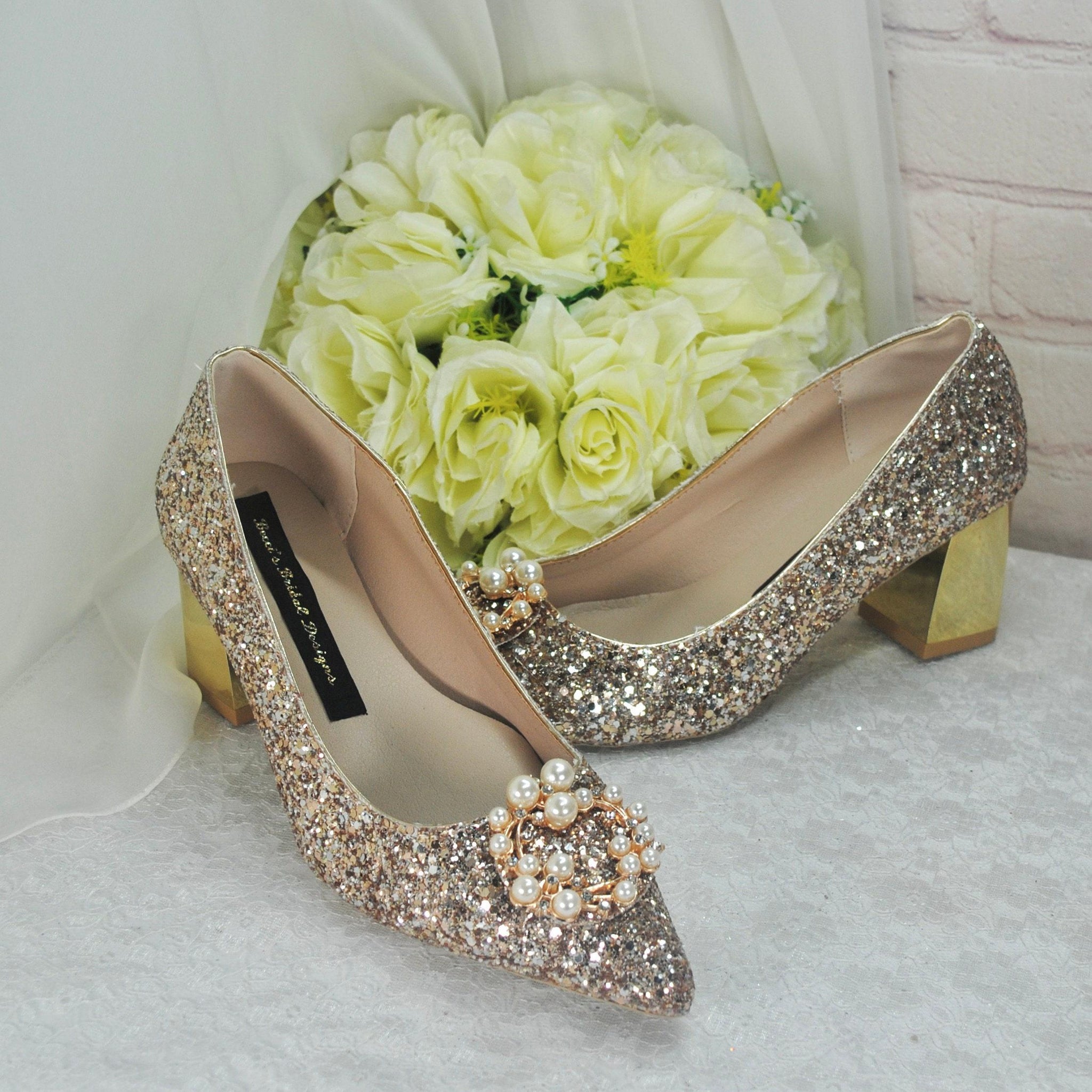 Champagne Gold Glitter Bridal Shoes with Block Heel and Pearl