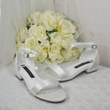 Load image into Gallery viewer, Ivory Satin Flat Summer Sandals Beach Wedding Bridal Shoes with Ankle Strap - Size UK6/US8.5
