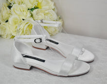 Load image into Gallery viewer, Ivory Satin Flat Summer Sandals Beach Wedding Bridal Shoes with Ankle Strap - Size UK6/US8.5
