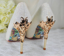 Load image into Gallery viewer, REDUCED UK6/US8.5 Ivory Shimmer Beauty and the Beast WEDDING SHOES with Filigree Vine Heels
