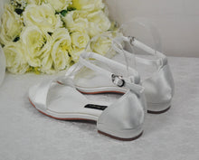 Load image into Gallery viewer, Ivory Satin Flat Summer Sandals Beach Wedding Bridal Shoes with Ankle Strap - Size UK6/US8.5
