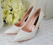 Load image into Gallery viewer, REDUCED UK6/US8.5 Ivory Shimmer Beauty and the Beast WEDDING SHOES with Filigree Vine Heels
