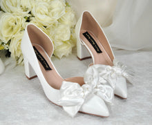 Load image into Gallery viewer, White Bow Wedding Shoes with Block Heel D&#39;Orsey Chunky Heel, Bridal Shoe with Bows Size UK5/US7.5
