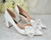 Load image into Gallery viewer, White Bow Wedding Shoes with Block Heel D&#39;Orsey Chunky Heel, Bridal Shoe with Bows Size UK5/US7.5
