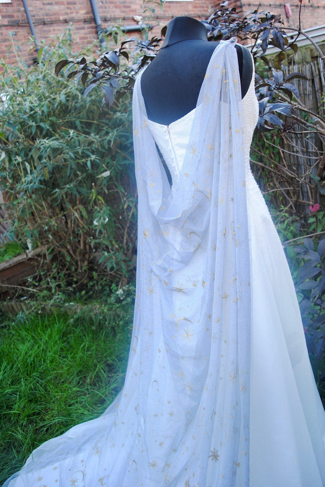 Wedding Cape - Bridal Drape Cape Veil, Blue and Gold Celestial Moon and Star Embroidery