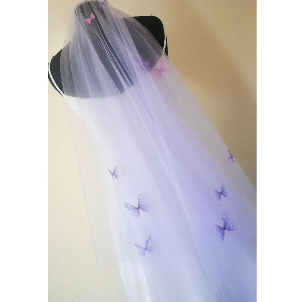 Pastel Lilac Purple Bridal Veil with 3D Butterflies, 2-tier Wedding Veil with Silk Butterfly - Fingertip Length 100cm