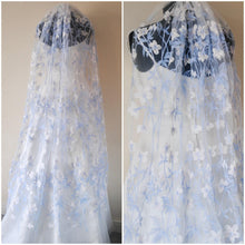 Load image into Gallery viewer, White Waltz Length Flower Floral Veil, Beautiful Wedding Veil with Blue Flowers
