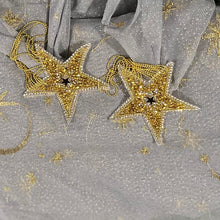 Load image into Gallery viewer, Wedding Cape - Bridal Drape Cape Veil, Blue and Gold Celestial Moon and Star Embroidery
