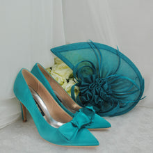 Load image into Gallery viewer, Stunning Teal Satin Heels Clutch Bag Fascinator Hat
