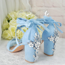 Load image into Gallery viewer, Blue Suede Block Heel Bridal Sandals UK5/US7.5
