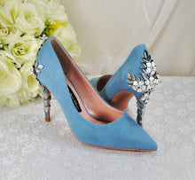 Load image into Gallery viewer, Beautiful Blue Suede Wedding Shoes withSsilver 'Cherry Blossom', Embellished Bridal Shoes, Wedding Heels for Bride Size UK7/US9.5
