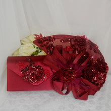 Load image into Gallery viewer, Burgundy Satin Sandals Clutch Bag and Fascinator Hat.
