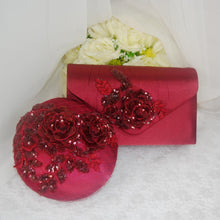 Load image into Gallery viewer, Burgundy Satin Sandals Clutch Bag and Fascinator Hat.
