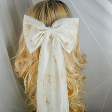 Load image into Gallery viewer, Embroidered Bridal Bow, Moon &amp; Star Celestial Cream Gold Hair Bow
