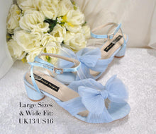 Load image into Gallery viewer, Blue or White Wedding Sandals Block Heels Bridal Shoes with Bow Wide Fit Shoe
