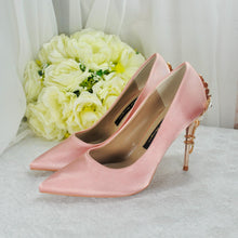 Load image into Gallery viewer, Blush Pink Bridal Shoes with Gold Flower Heel UK4/US6.5
