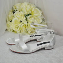 Load image into Gallery viewer, Ivory Satin Flat Summer Sandals Beach Wedding Bridal Shoes with Ankle Strap - Size UK6/US8.5
