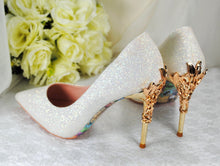 Load image into Gallery viewer, REDUCED UK6/US8.5 Ivory Shimmer Beauty and the Beast WEDDING SHOES with Filigree Vine Heels
