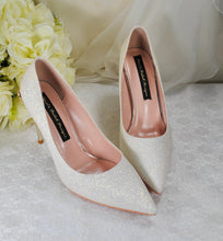 Load image into Gallery viewer, REDUCED UK6/US8.5 Ivory Shimmer Beauty and the Beast WEDDING SHOES with Filigree Vine Heels
