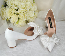 Load image into Gallery viewer, White Bow Wedding Shoes with Block Heel D&#39;Orsey Chunky Heel, Bridal Shoe with Bows Size UK5/US7.5
