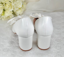 Load image into Gallery viewer, White Bow Wedding Shoes with Block Heel D&#39;Orsey Chunky Heel, Bridal Shoe with Bows Size UK5/US7.5
