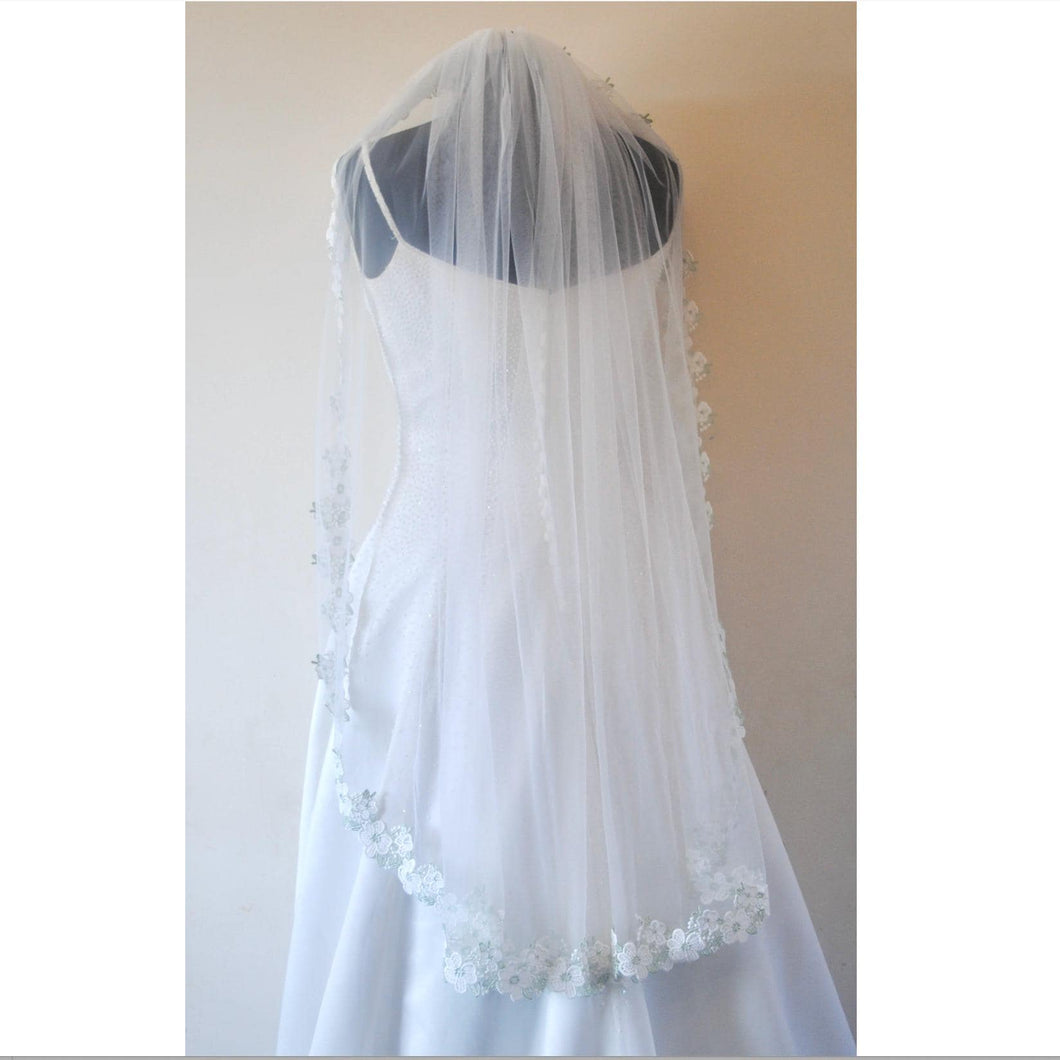 Floral Embroidered Lace Edge Bridal Veil with Sage Green Details