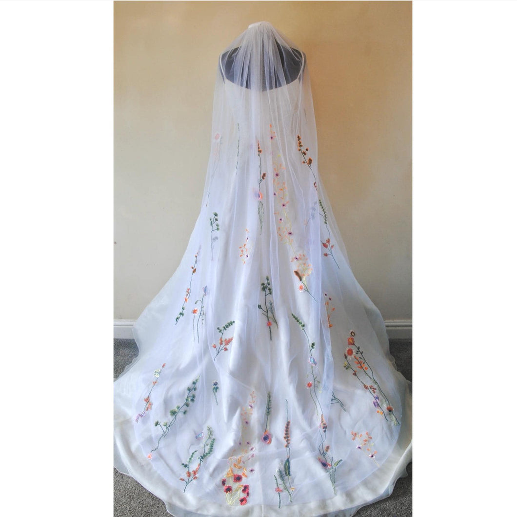 White wedding veil bright embroidered flowers,  200cm