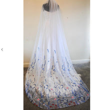 Load image into Gallery viewer, White wedding veil with blue embroidered flowers,
