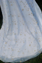 Load image into Gallery viewer, Wedding Cape - Bridal Drape Cape Veil, Blue and Gold Celestial Moon and Star Embroidery
