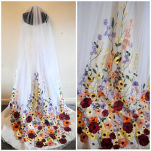 Load image into Gallery viewer, White wedding veil bright embroidered flowers
