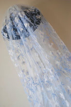 Load image into Gallery viewer, White Waltz Length Flower Floral Veil, Beautiful Wedding Veil with Blue Flowers
