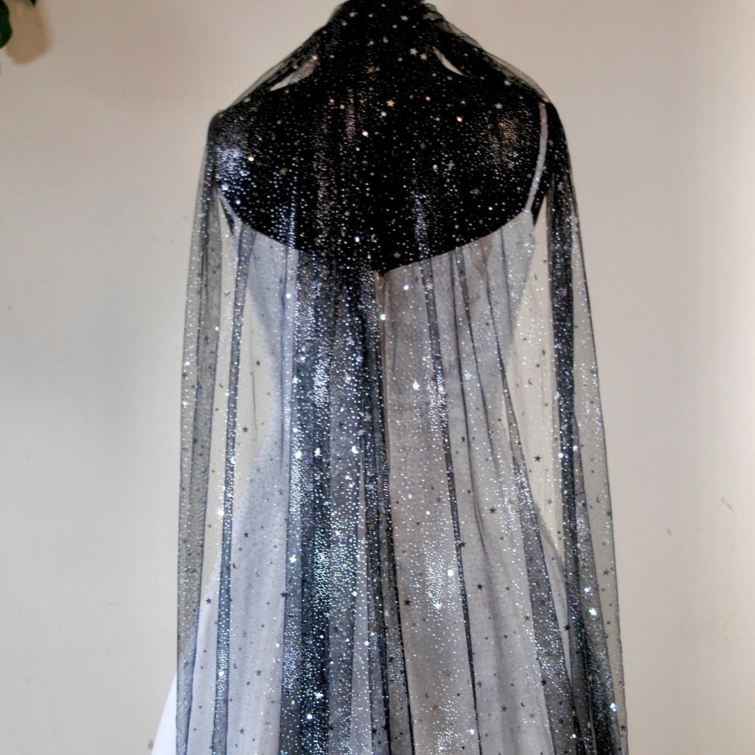 Black Celestial wedding veil sparkling stars