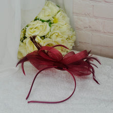 Load image into Gallery viewer, Burgundy Fascinator Hat and Matching Evening Clutch Bag
