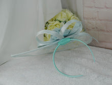 Load image into Gallery viewer, Peppermint Green Fascinator Hat and Matching Evening Clutch Bag
