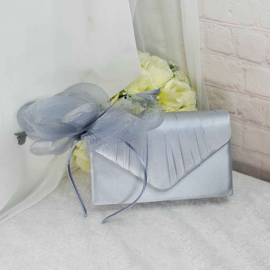 Silver Grey Fascinator Hat and Matching Evening Clutch Bag