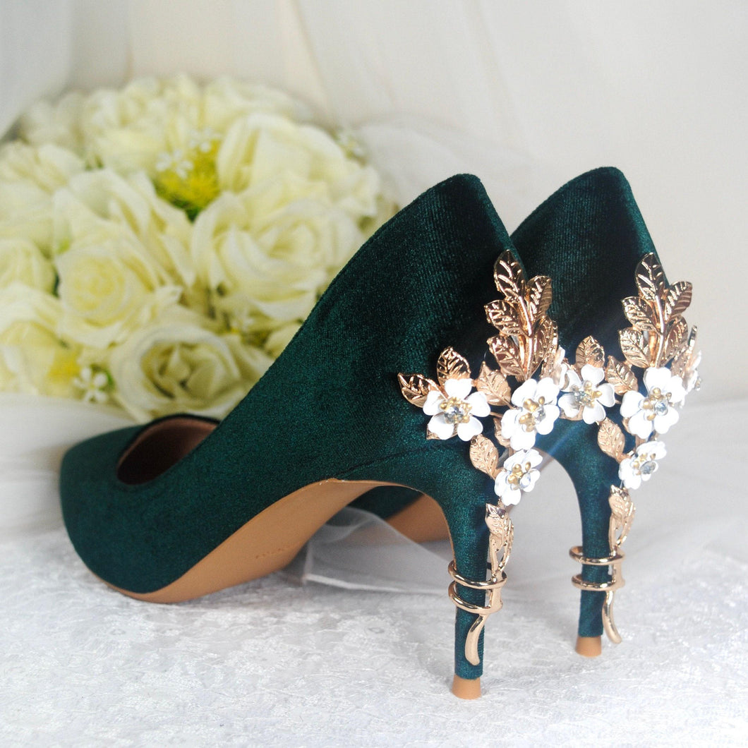 Green Velvet Wedding Shoes with 'Cherry Blossom', Embellished Bridal Shoes, Wedding 10cm Heels for Bride, Christmas Winter Party UK5/US7.5