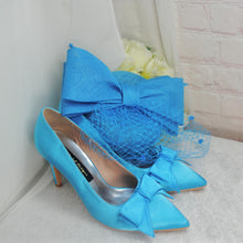 Load image into Gallery viewer, Aqua Blue Satin Heels  &amp; Matching Fascinator
