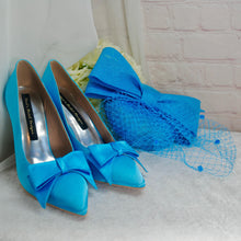 Load image into Gallery viewer, Aqua Blue Satin Heels  &amp; Matching Fascinator
