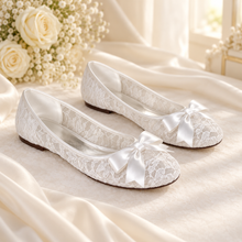 Load image into Gallery viewer, Lace Bridal Flats with Satin Bow – Ivory or White Round-Toe Wedding Shoes
