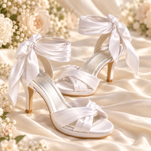 Load image into Gallery viewer, Ivory Satin Bridal Sandals with Leg Wrap Ties | 10cm Wedding Heels
