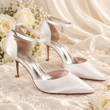 Load image into Gallery viewer, Ivory Satin Bridal Shoes – Pointed Toe Ankle Strap Wedding Heels
