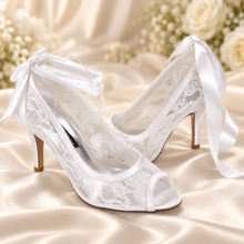 Load image into Gallery viewer, White or Ivory Lace Peep-Toe Wedding Shoes – Ribbon-Tie Bridal Heels
