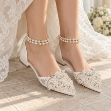 Load image into Gallery viewer, Large Pearl Appliqué Lace Bridal Flats – Pointed Toe Wedding Shoes
