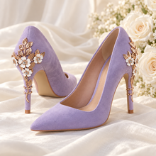 Load image into Gallery viewer, Lavender Suede Wedding Shoes with Cherry Blossom Heels | Lilac Pointed-Toe Bridal Courts | Custom Heel Height
