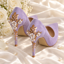 Load image into Gallery viewer, Lavender Suede Wedding Shoes with Cherry Blossom Heels | Lilac Pointed-Toe Bridal Courts | Custom Heel Height
